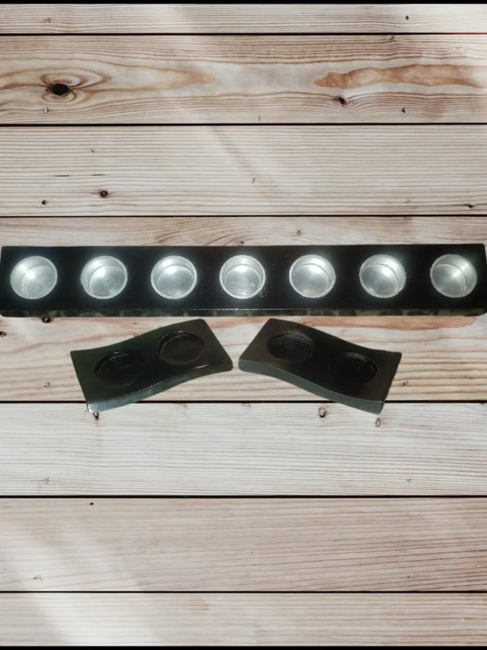 Lot of 3 - 7 Slot Black Wood Tealight Candle Holder & (2) 2 Slot Wave Holders